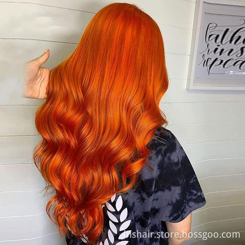 Density orange-red 100% real human hair T-part lace front wig suitable for women 150% real hair lace front wig body wavy orange